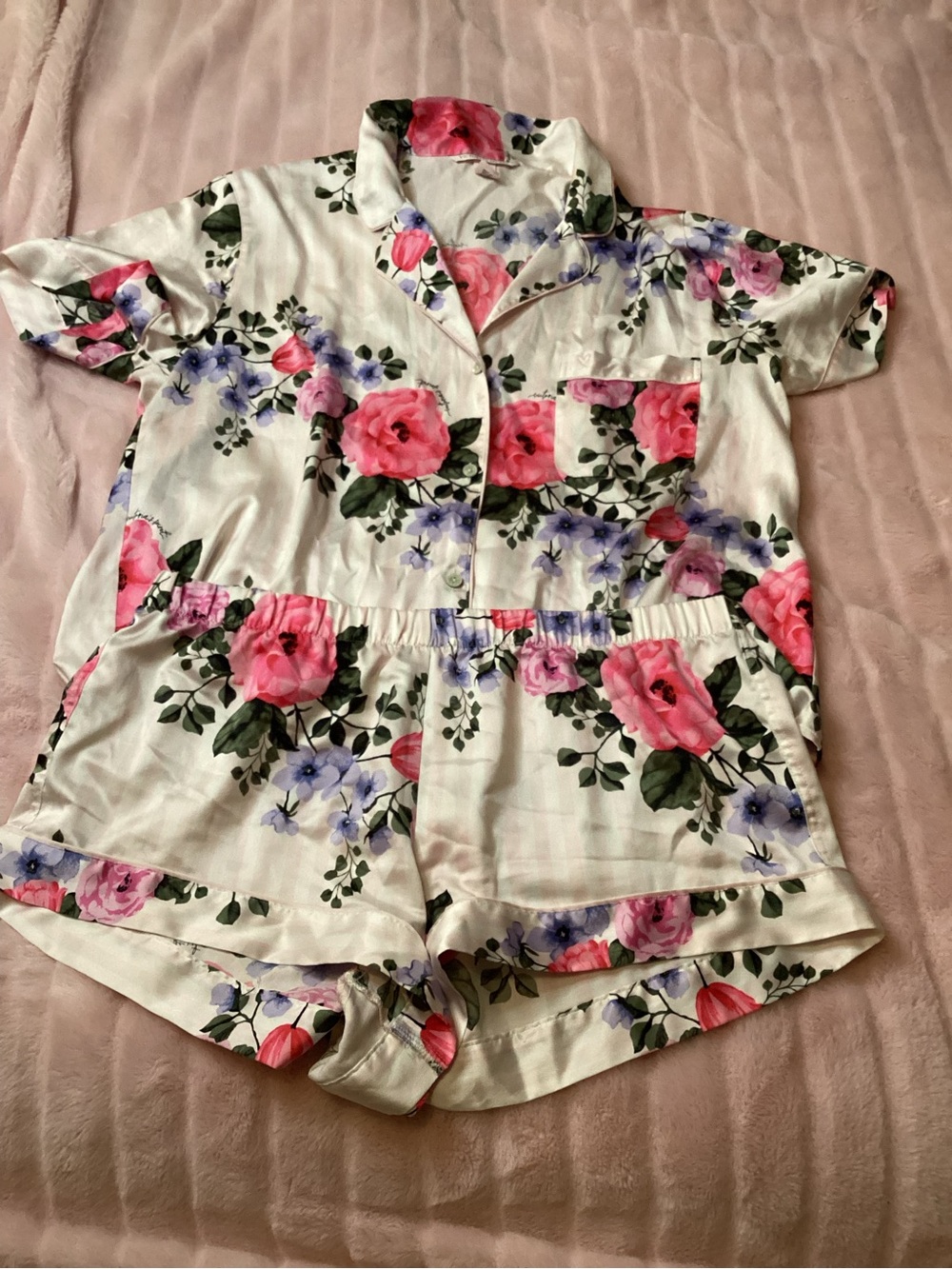Victoria's Secret White Satin Short Pajama Set with Pink & Purple Floral Print
